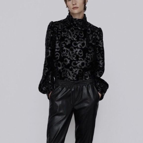 ZARA Velvet Faux Leather Velvet Embroidered Top Blouse Shirt - Picture 2 of 6
